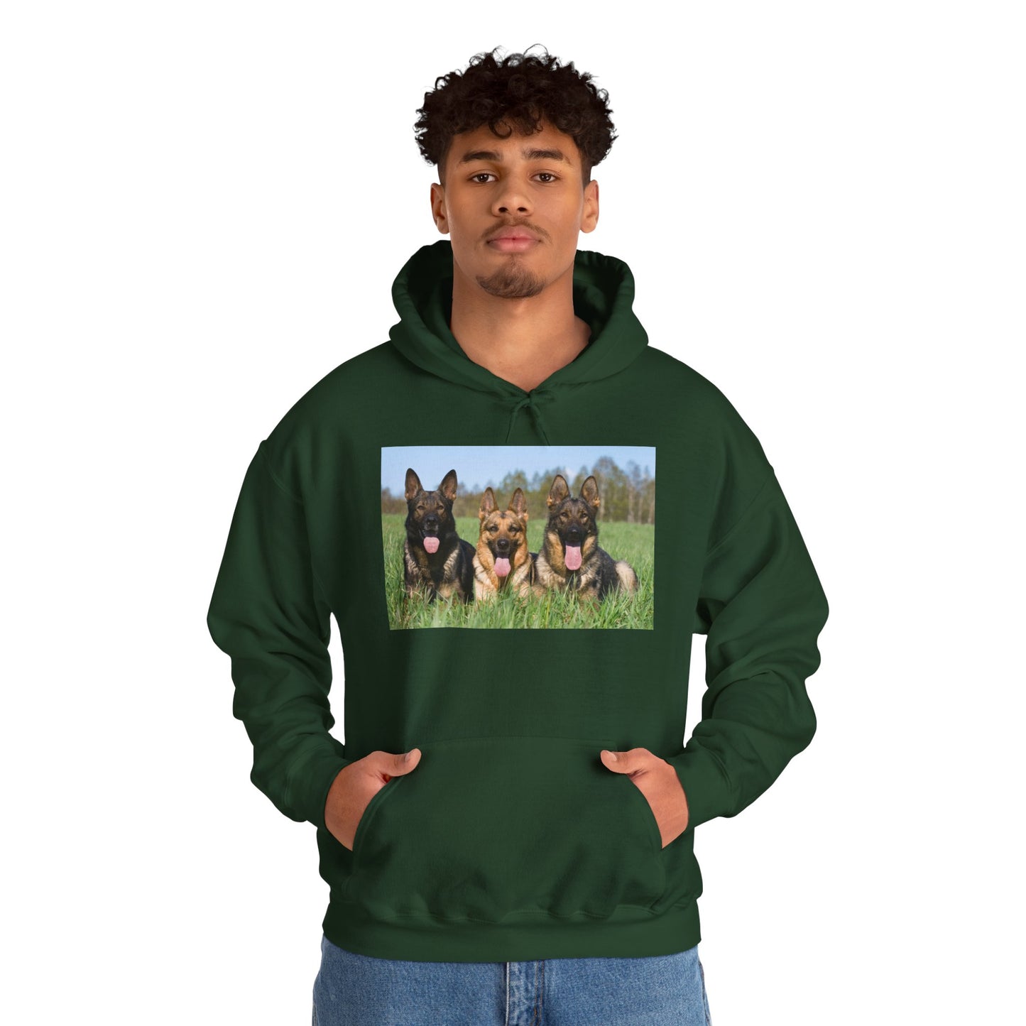 A Dog Lover Hoodie With Three Giant German Shepherds Lying on The Grass Leaving Tongues Out