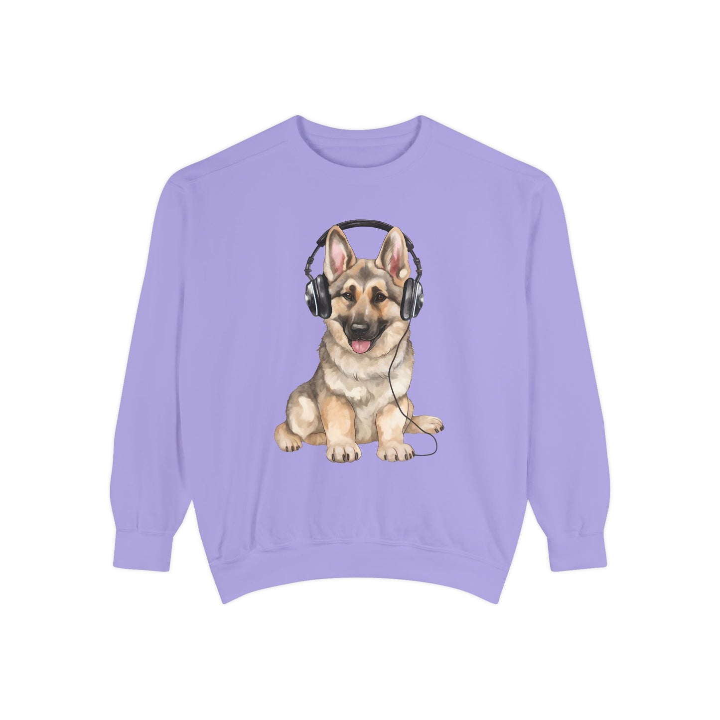 Unisex Dog Lover Sweatshirt With a German Shepherd Wearing Headphones Enjoying Music