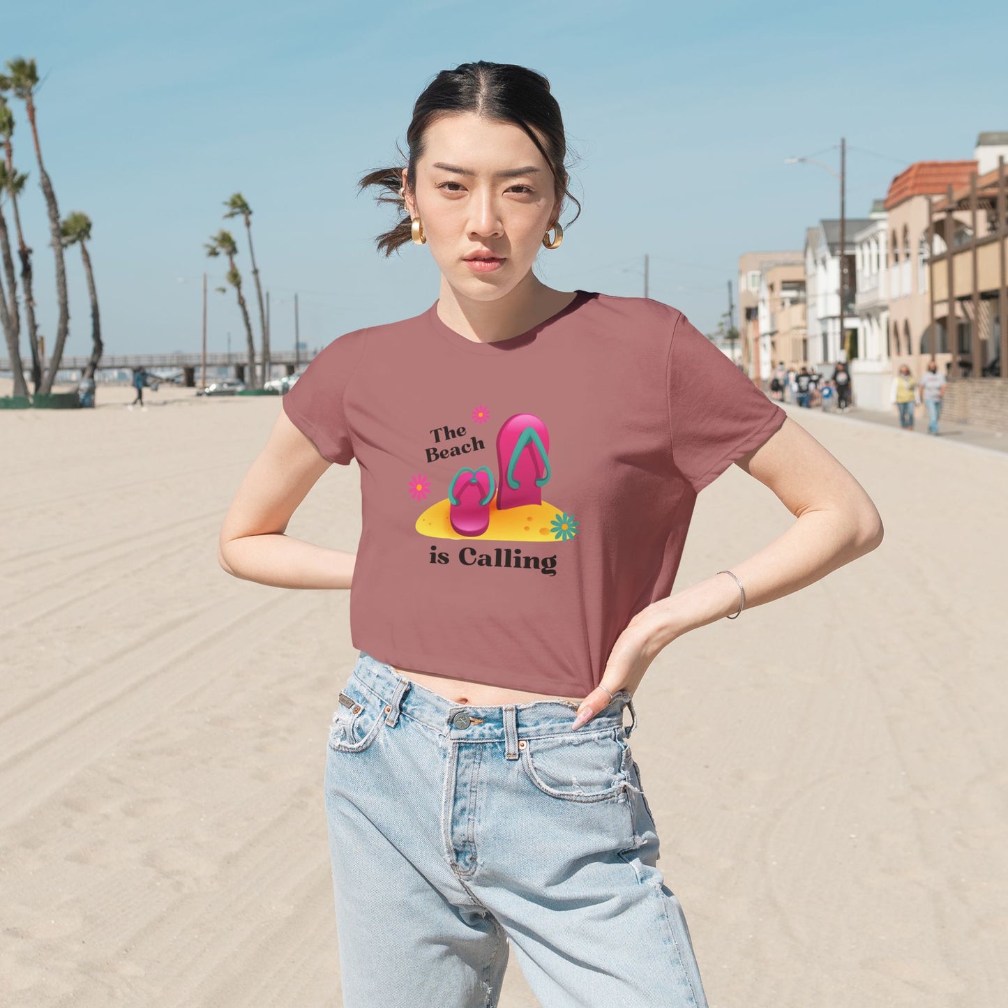 Beach Vibes Flowy Cropped Tee - The Beach is Calling, Summer Shirt, Women's Tee, Vacation Top, Beach Lover Gift, Relaxing Daywear