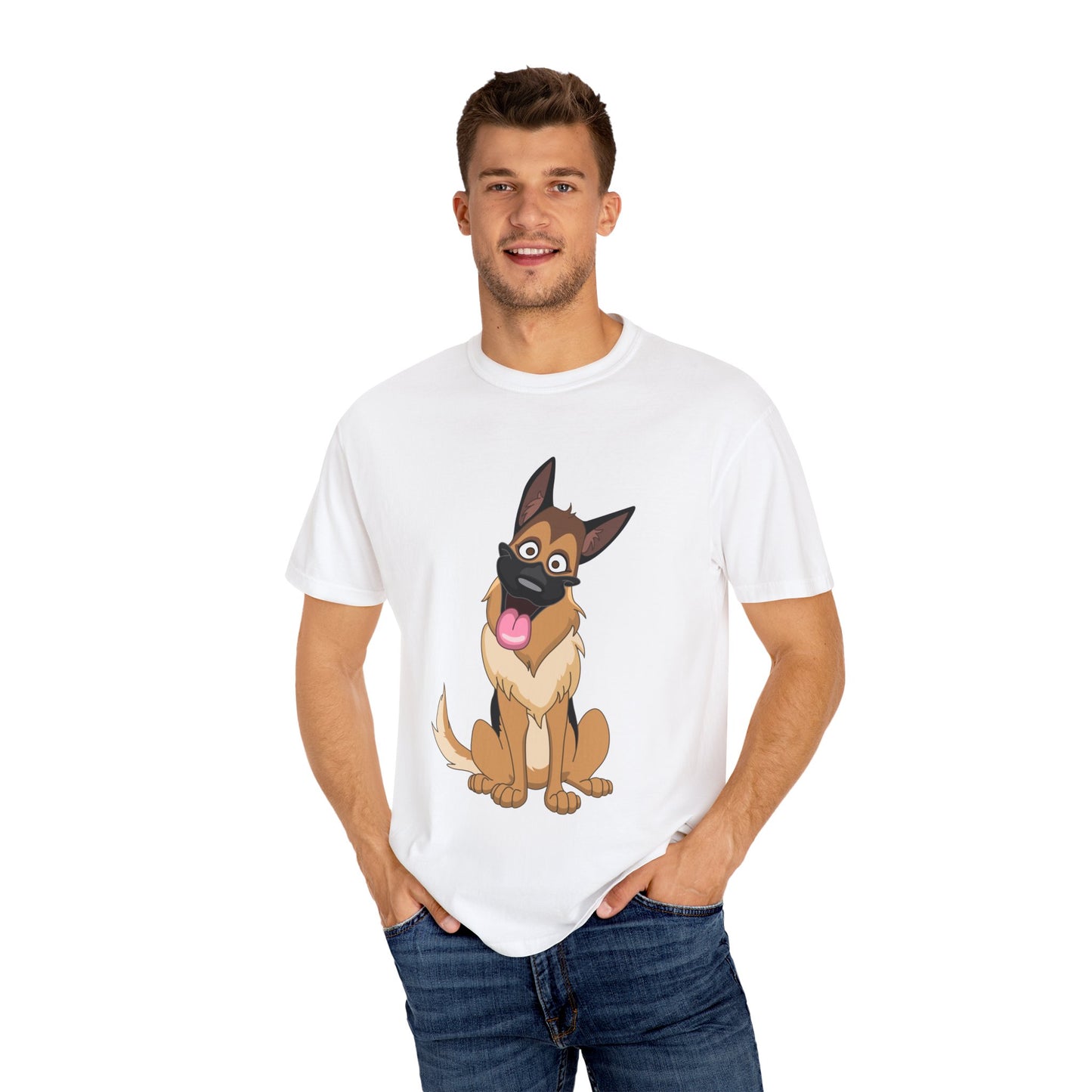 Unisex Dog Lover T-Shirt With Funny Cartoon of Tan Color German Shepherd