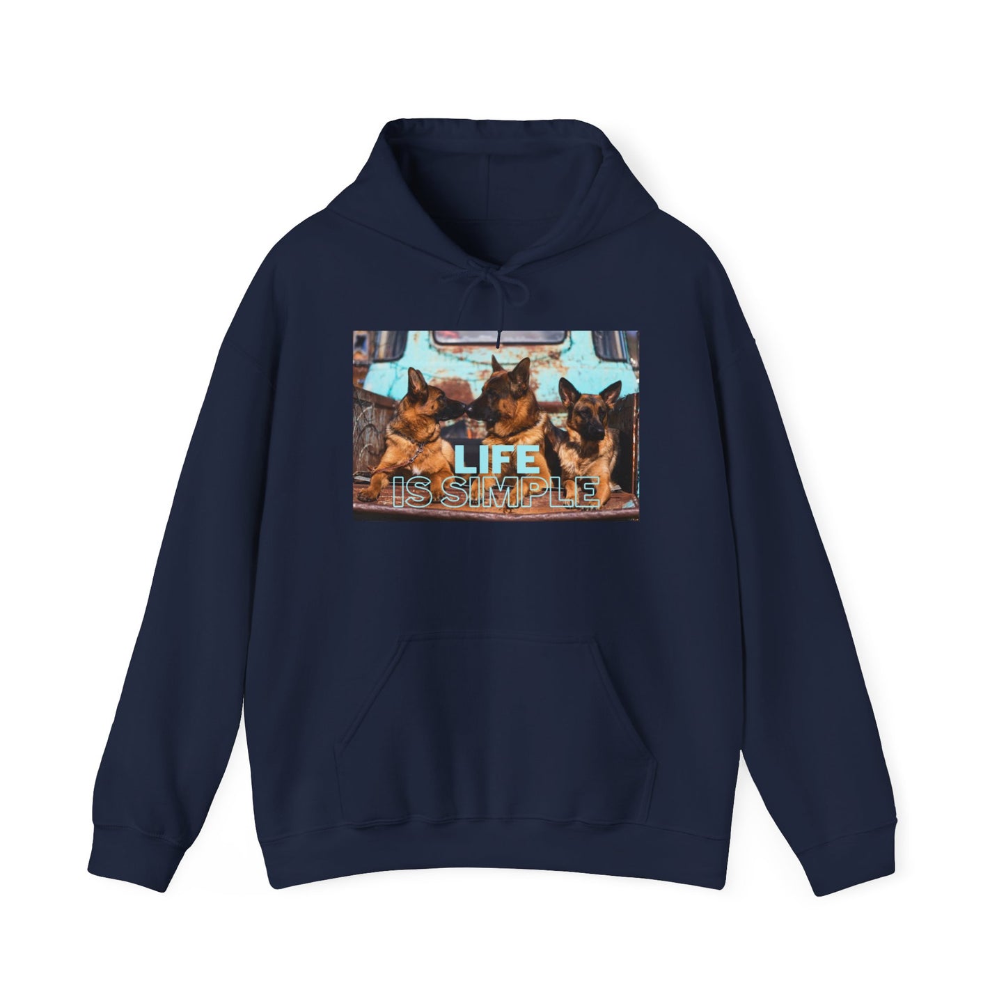 Unisex Dog Lover Hoodie With Three German Shepherds Sitting on the Truck's Cargo Bed and Caption Life is Simple