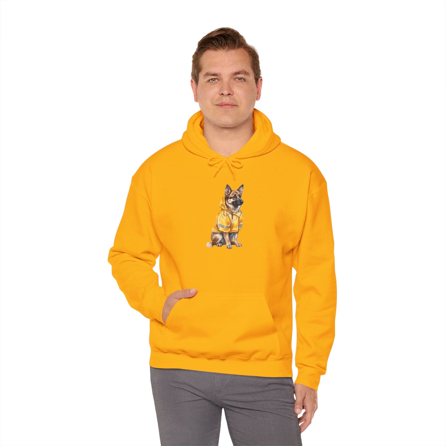 Unisex Dog Lover Hoodie With a Graphic of German Shepherd Wearing a Yellow Rain Coat