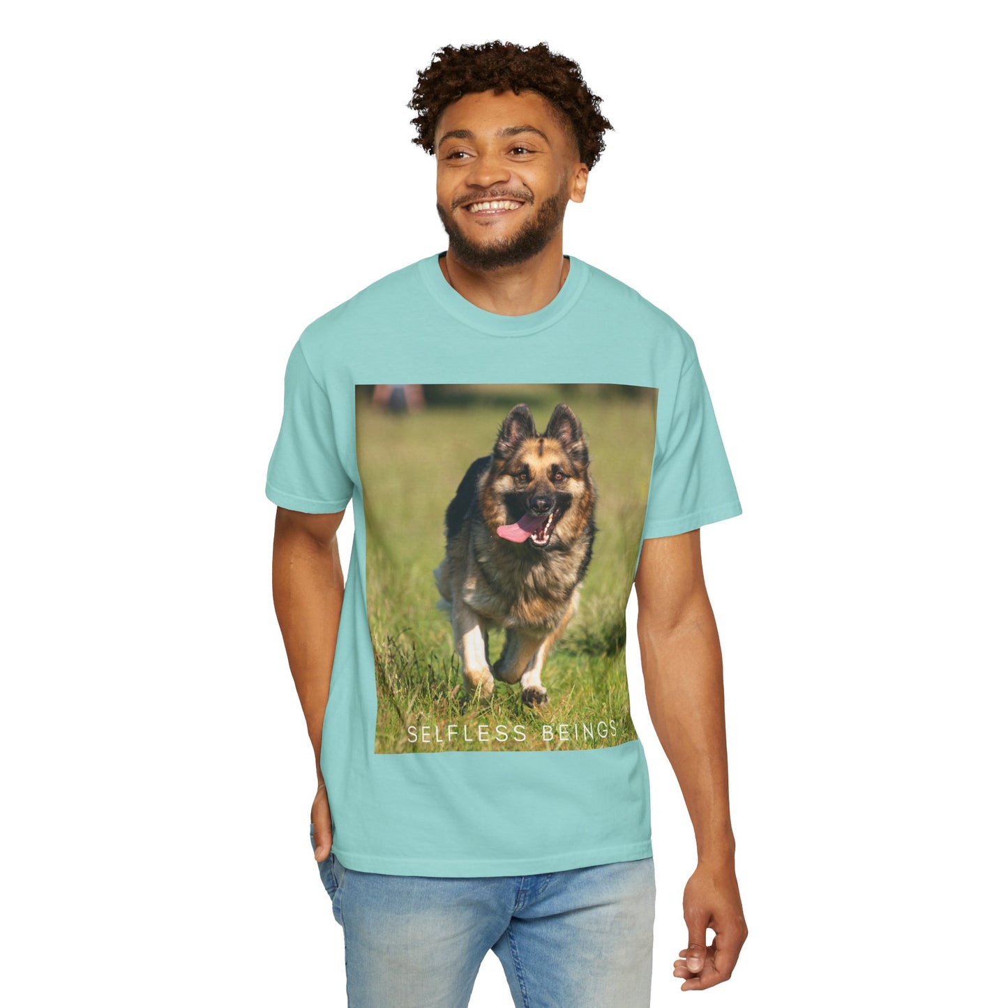 Unisex Dog Lover T-Shirt With Beautiful German Shepherd Running on the Field Leaving Tongue Out and Caption Selfless Beings