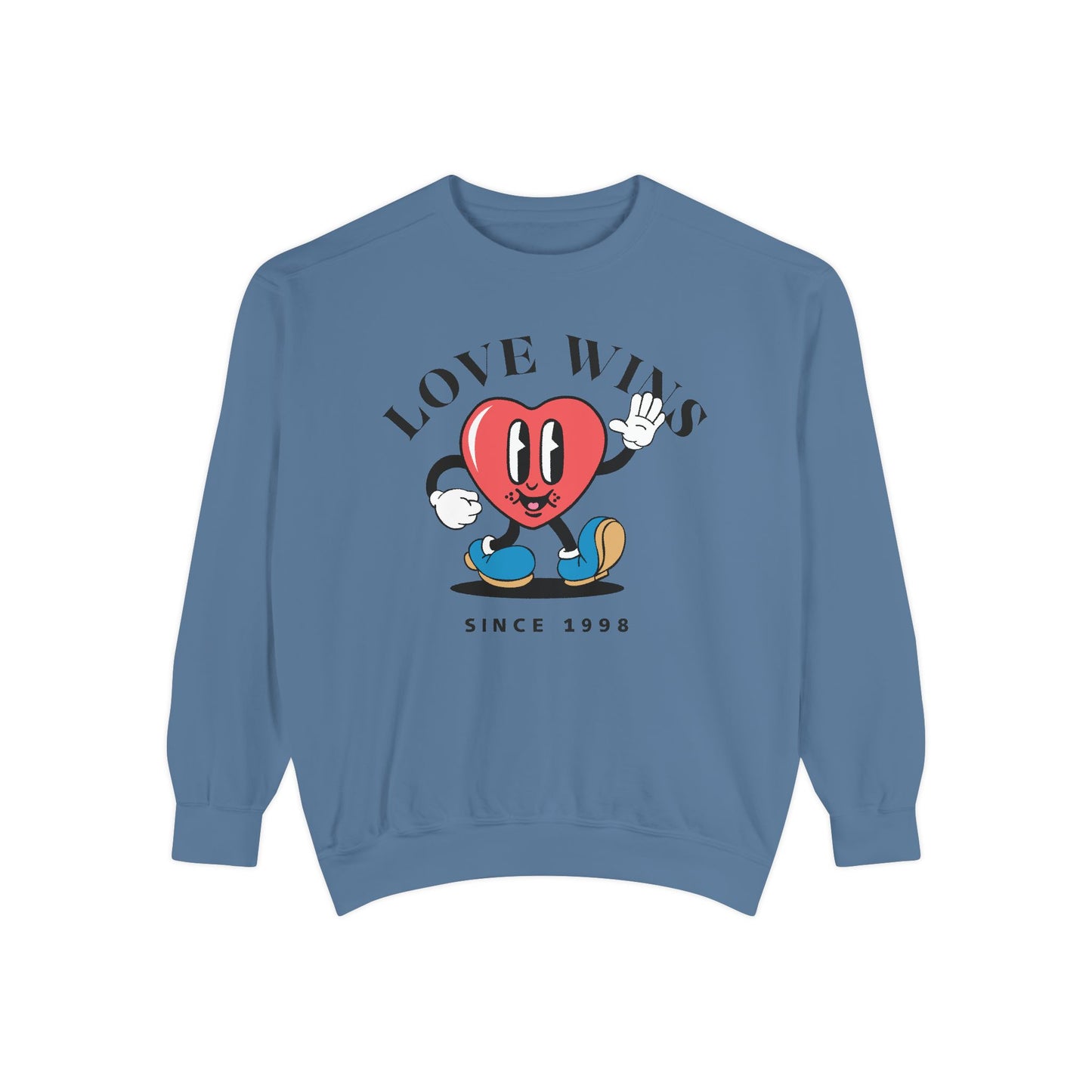 Unisex Valentine's Day Vintage Sweatshirt With a Heart Character and Caption Love Wins