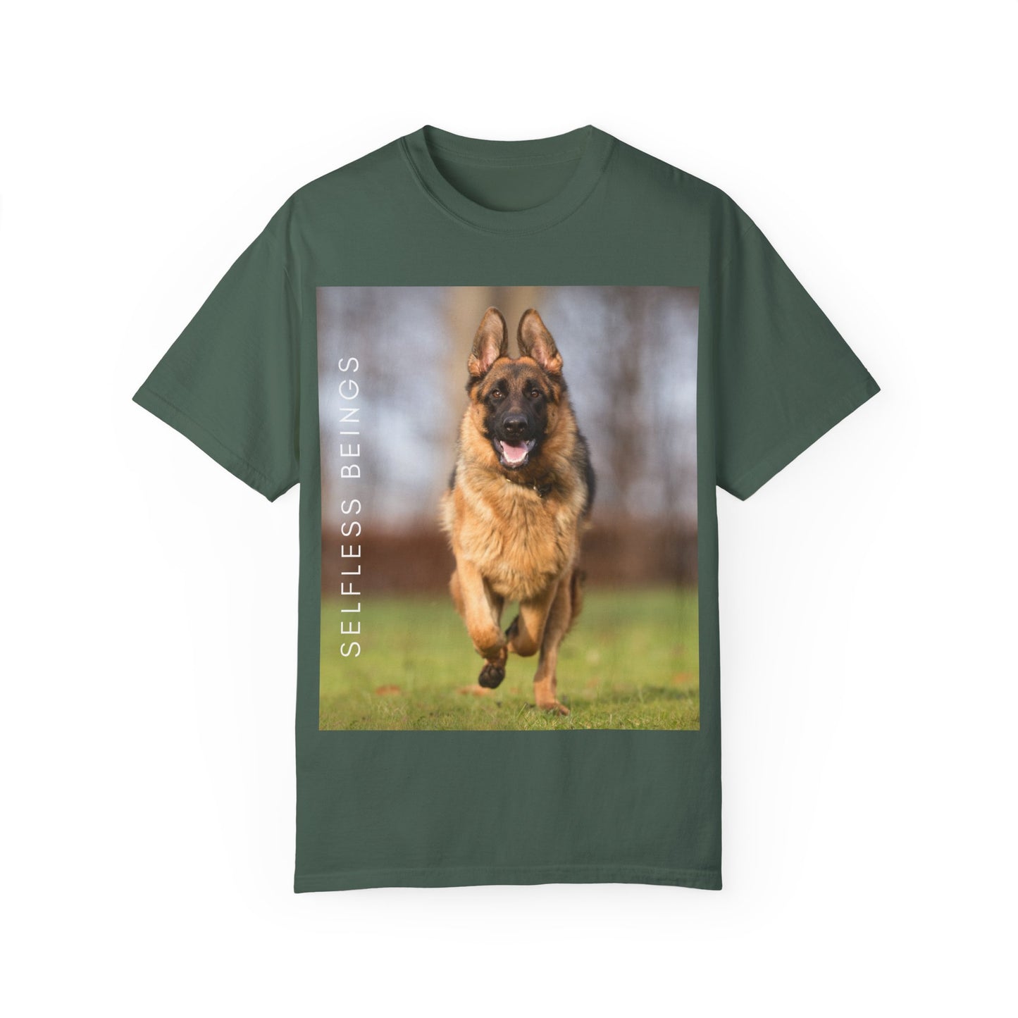 Unisex Dog Lover T-Shirt With Large German Shepherd Running on the Grass and Caption Selfless Beings
