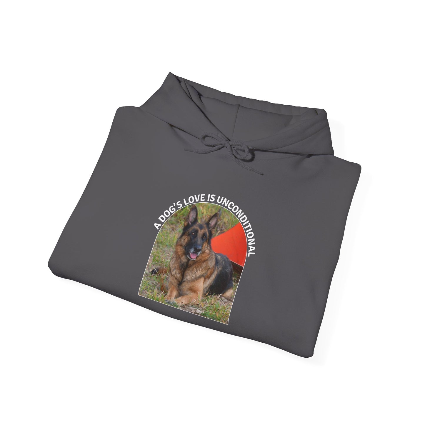 Unisex Dog Lover Hoodie With German Shepherd and Caption Dog's Love is Unconditional