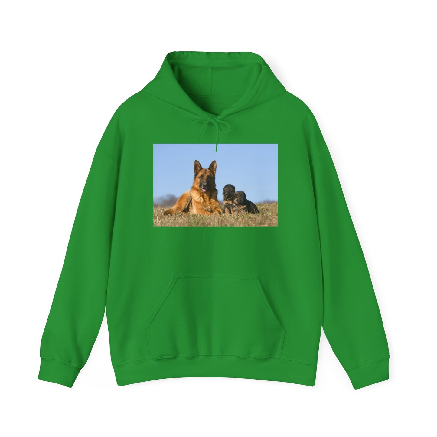 A Unisex Dog Lover Hoodie With a German Shepherd Lying on the Grass With Two Puppies