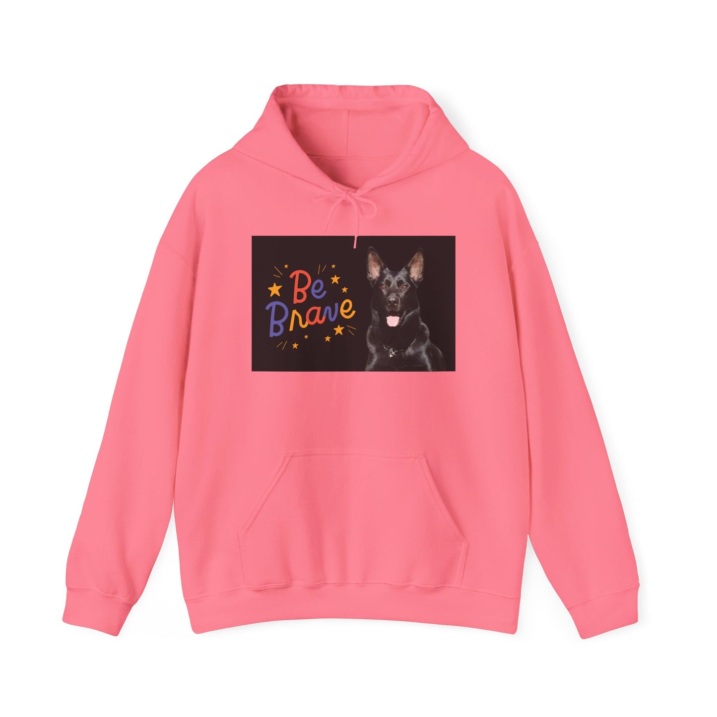 A Unisex Dog Lover Hoodie With Close Up of Solid Black German Shepherd and Caption Be Brave