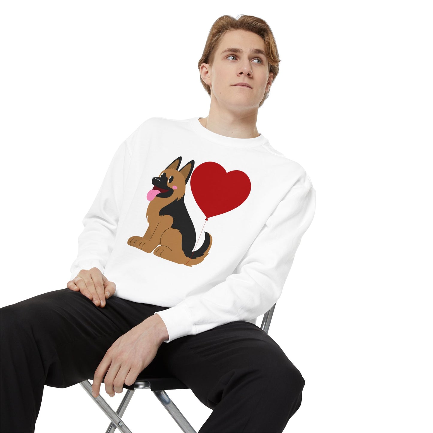 Unisex Dog Lover Sweatshirt With a Graphic of German Shepherd Puppy and Heart Shaped Balloon Attached With Tail