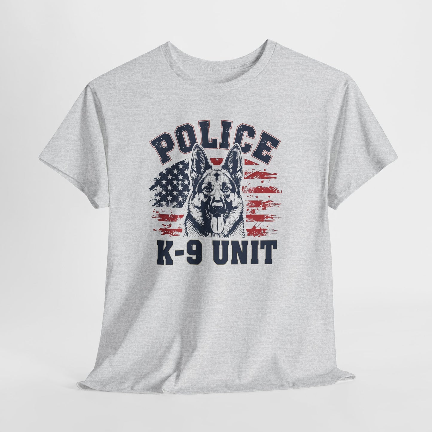 Patriotic Police K-9 Unit T-Shirt With American Flag in Background, Unisex Heavy Cotton Tee