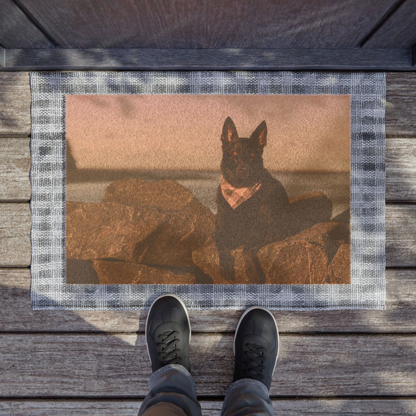 Personalized Dog Doormat Featuring Black German Shepherd Sitting on the Stones Near Seashore