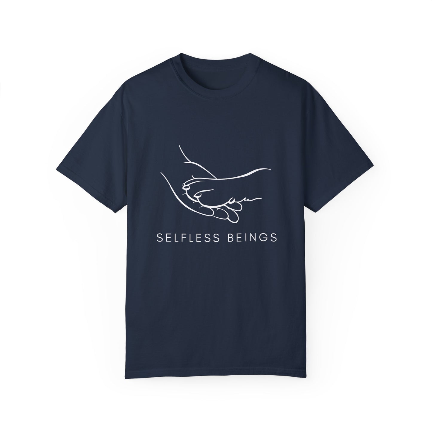 Unisex Dog Lover T-Shirt With Illustration of Dog Paw on Human Hand and Caption Selfless Beings Below