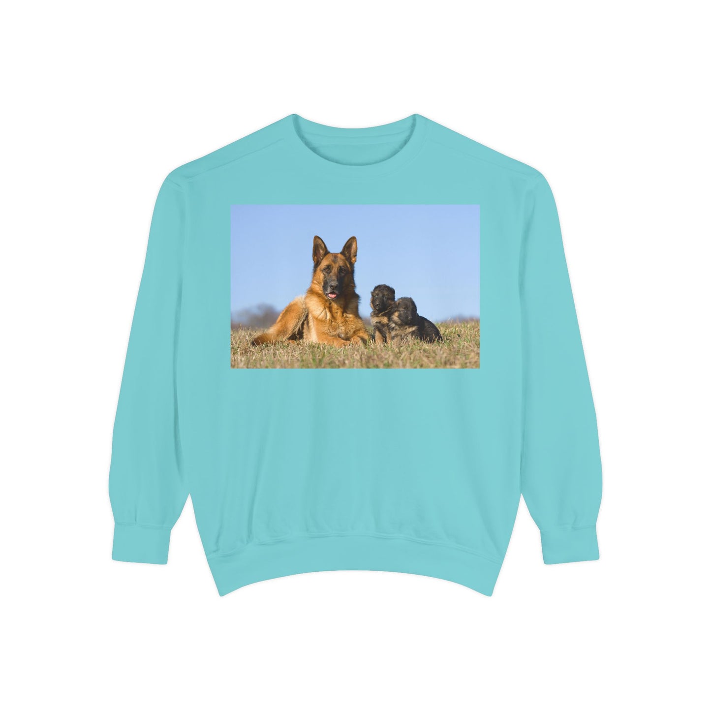 Unisex Dog Lover Sweatshirt With a German Shepherd Lying on the Grass With Two Puppies