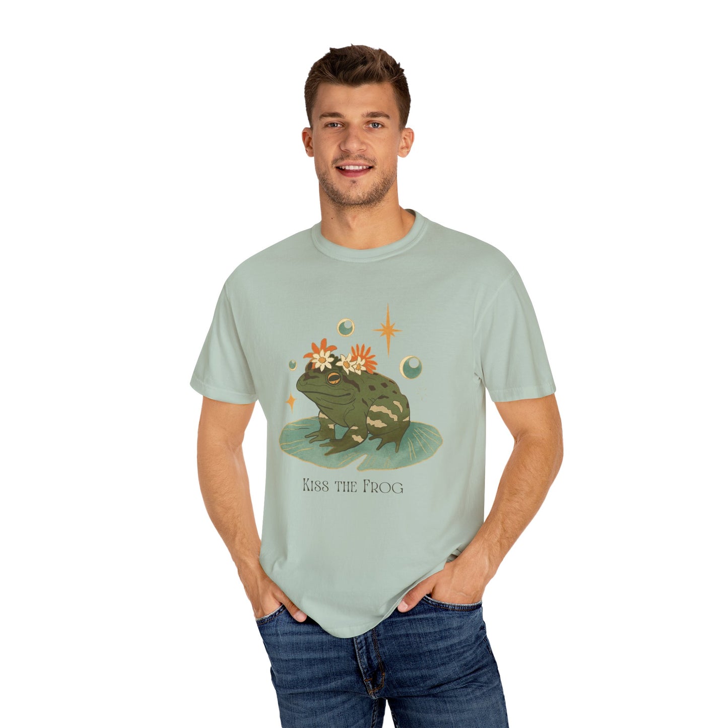 Kiss the Frog T-Shirt, Garment-Dyed Unisex Tee, Fun Gift for Nature Lovers, Cute Frog Graphic T-Shirt, Ideal for Casual Outings