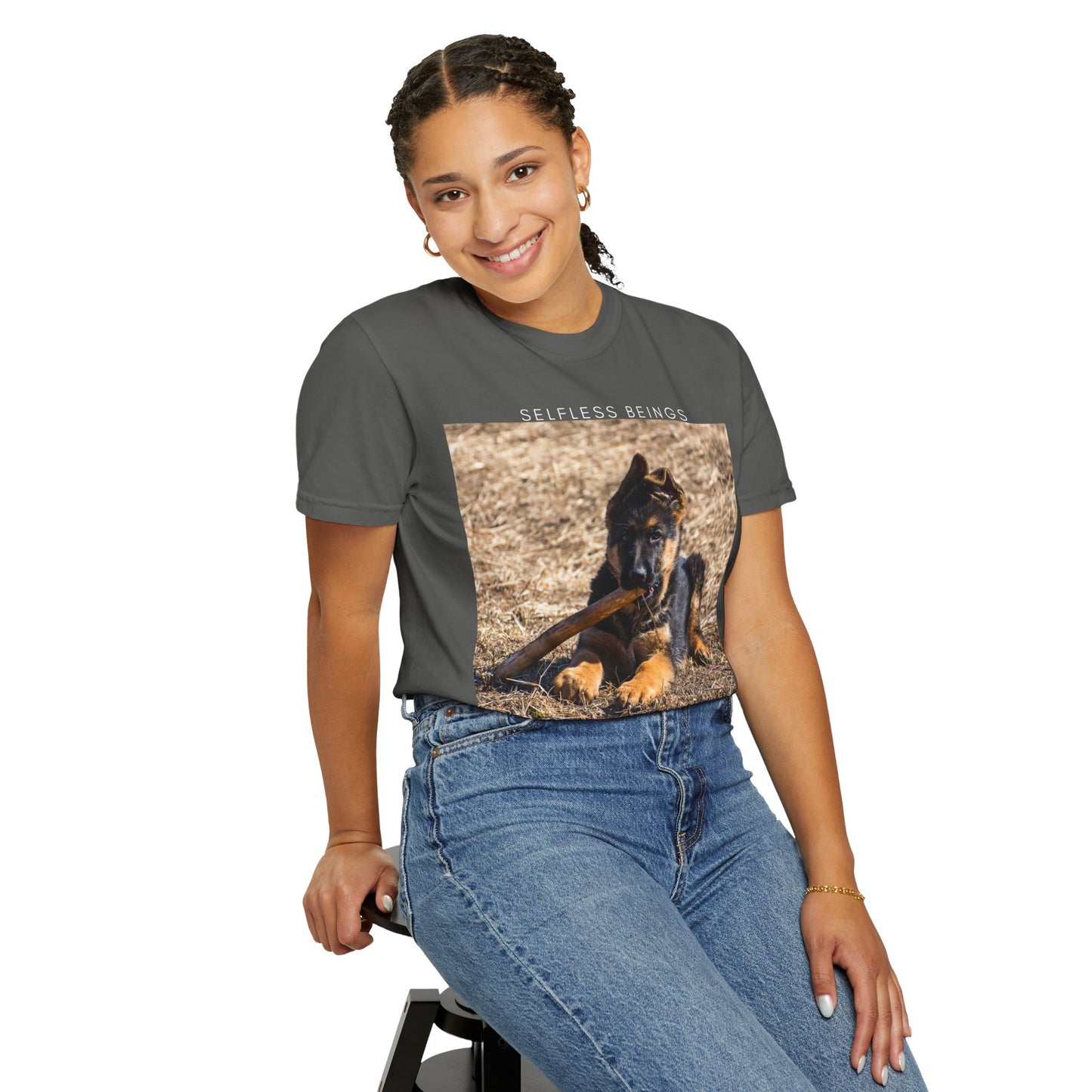 Unisex Dog Lover T-Shirt With a German Shepherd Puppy Playing With Wooden Stick on Dry Grass and Caption Selfless Beings