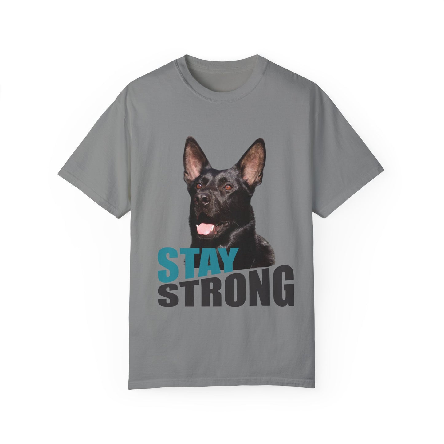 Unisex Dog Lover T-Shirt With Solid Black Working Line German Shepherd Mouth Opened and Caption Stay Strong