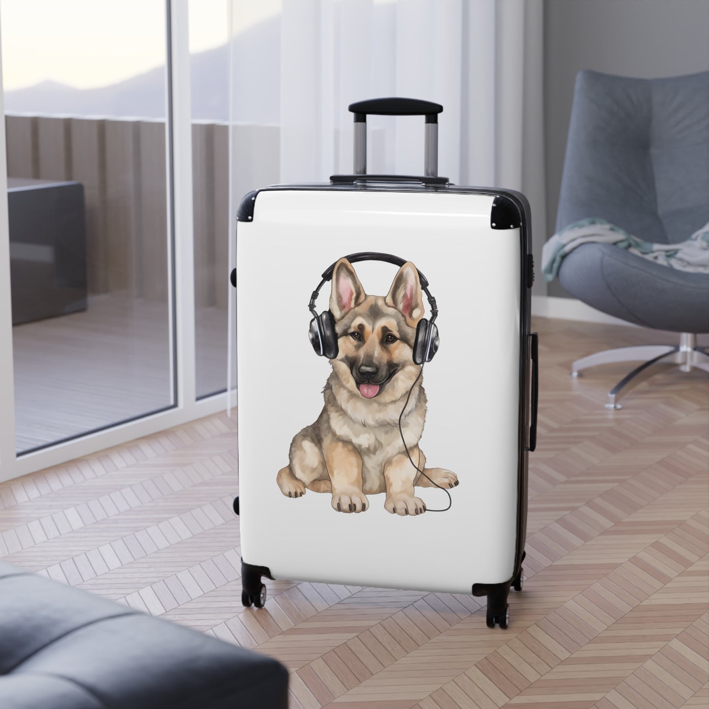 Travel Suitcase Featuring Graphic of German Shepherd Wearing Headphones Enjoying Music