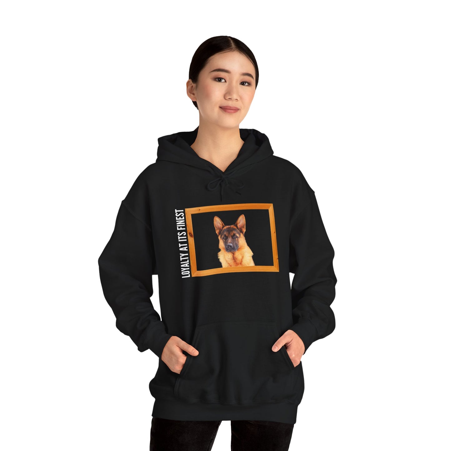 Unisex Dog Lover Hoodie With a German Shepherd's Head Inside a Wooden Frame and Caption Loyalty at its Finest