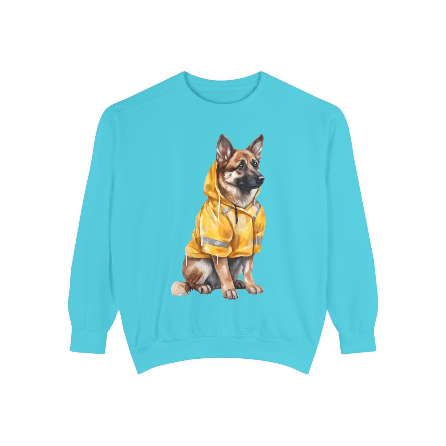 Unisex Dog Lover Sweatshirt With a Graphic of German Shepherd Wearing a Yellow Rain Coat