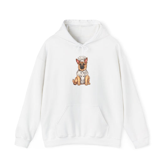 Unisex Dog Lover Hoodie With a Graphic of German Shepherd Wearing Chef Suit