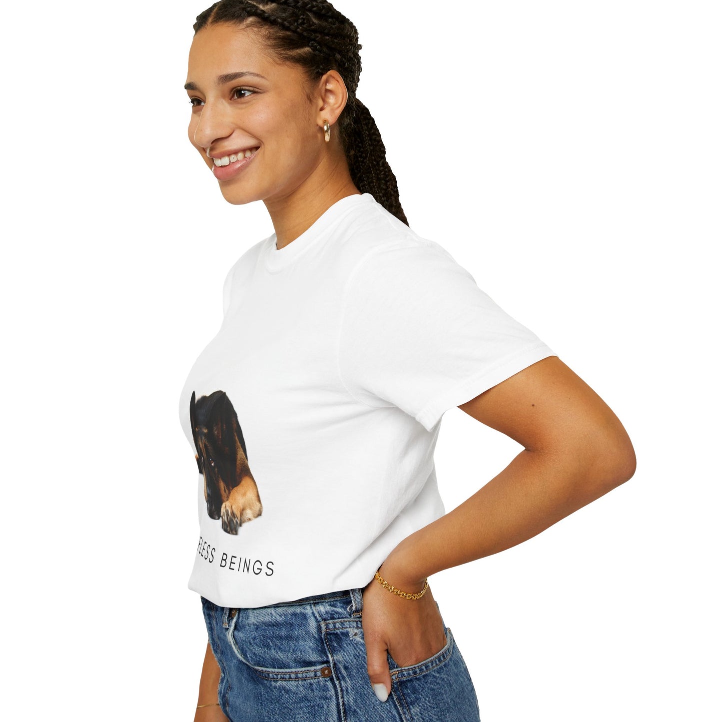 Unisex Dog Lover T-Shirt With a Bored German Shepherd Sitting in the Studio and Caption Selfless Beings