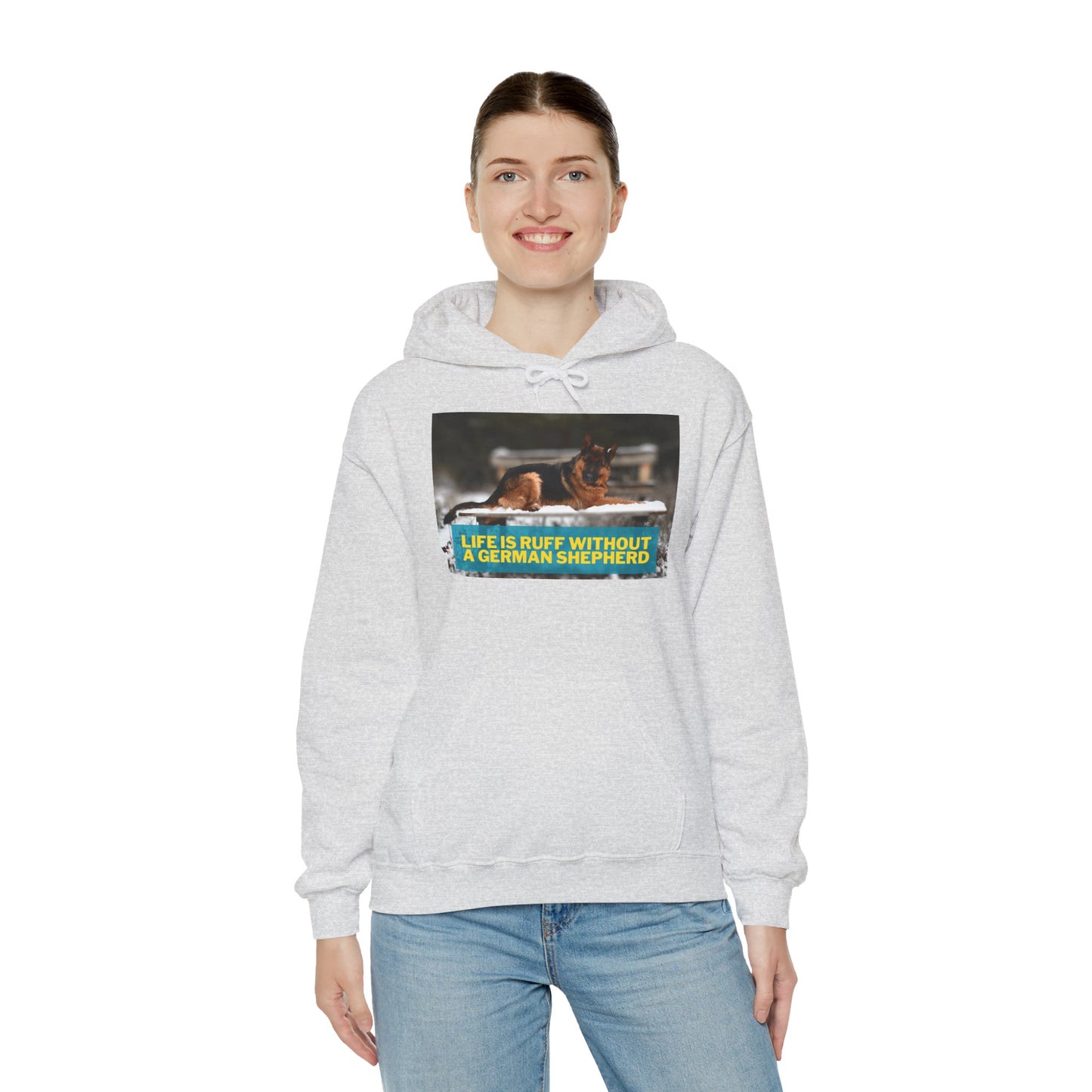 Unisex Dog Lover Hoodie With a German Shepherd Resting On Outdoor Bed In The Snow and Caption Life is Ruff Without GSD