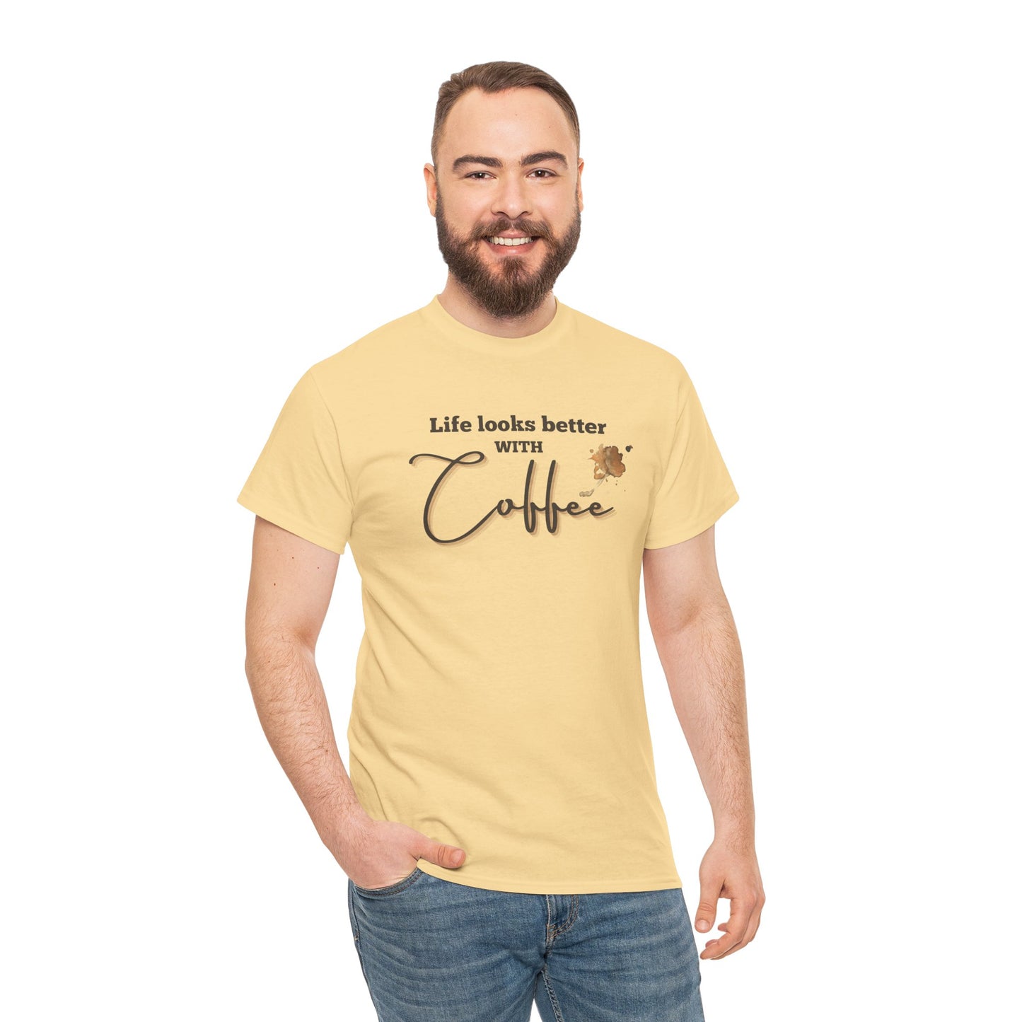 Life Looks Better with Coffee Tee | Unisex Cotton Tee for Coffee Lovers, Gift for Birthdays, Anniversaries, Casual Wear, Coffee-themed