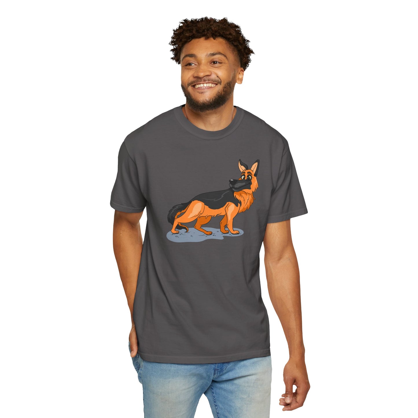Unisex Dog Lover T-Shirt With a Cartoon of Astonished German Shepherd Turning His Head