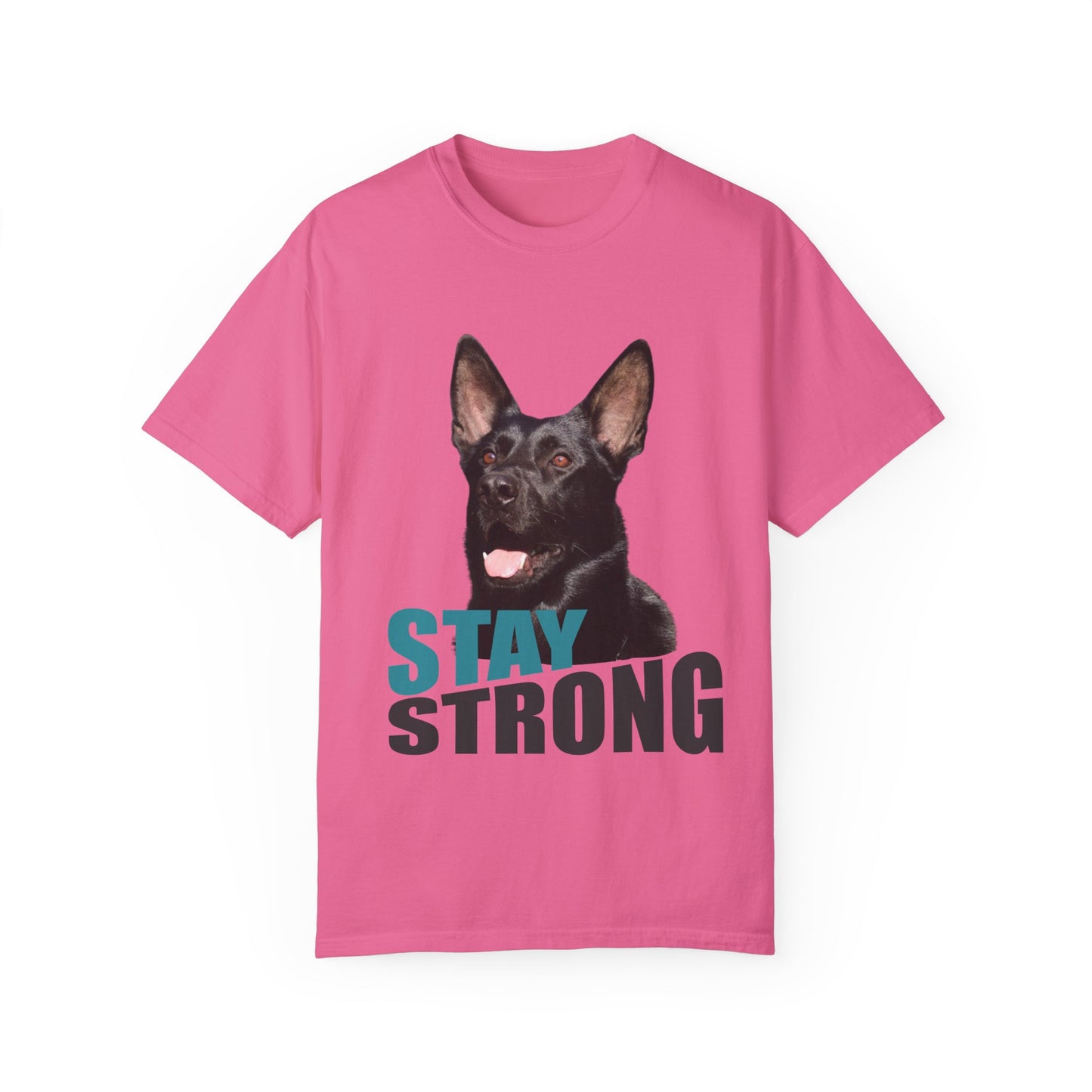 Unisex Dog Lover T-Shirt With Solid Black Working Line German Shepherd Mouth Opened and Caption Stay Strong