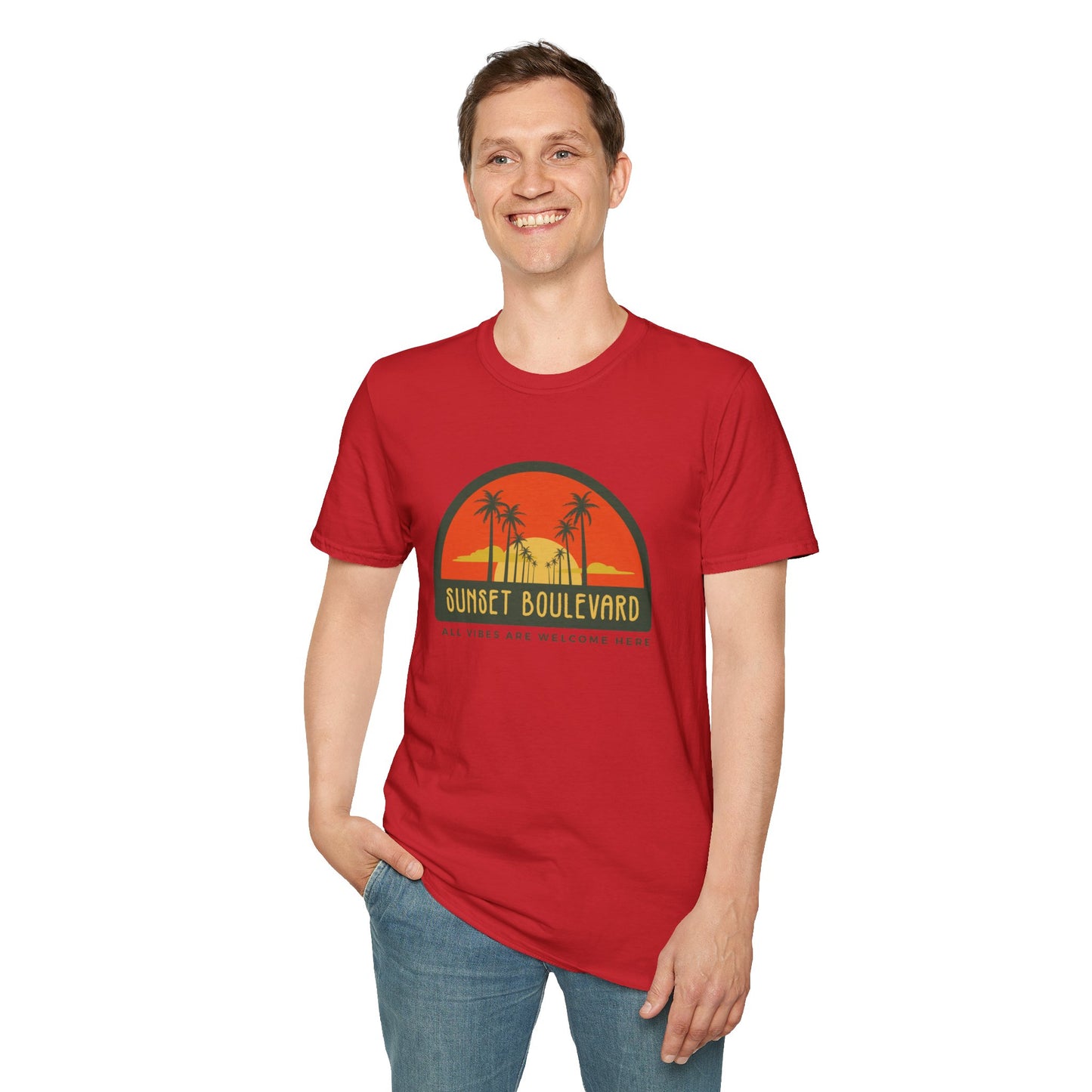 Sunset Boulevard Unisex Softstyle T-Shirt, Retro Beach Tee, Vacation Shirt, Summer Apparel, Travel Gift