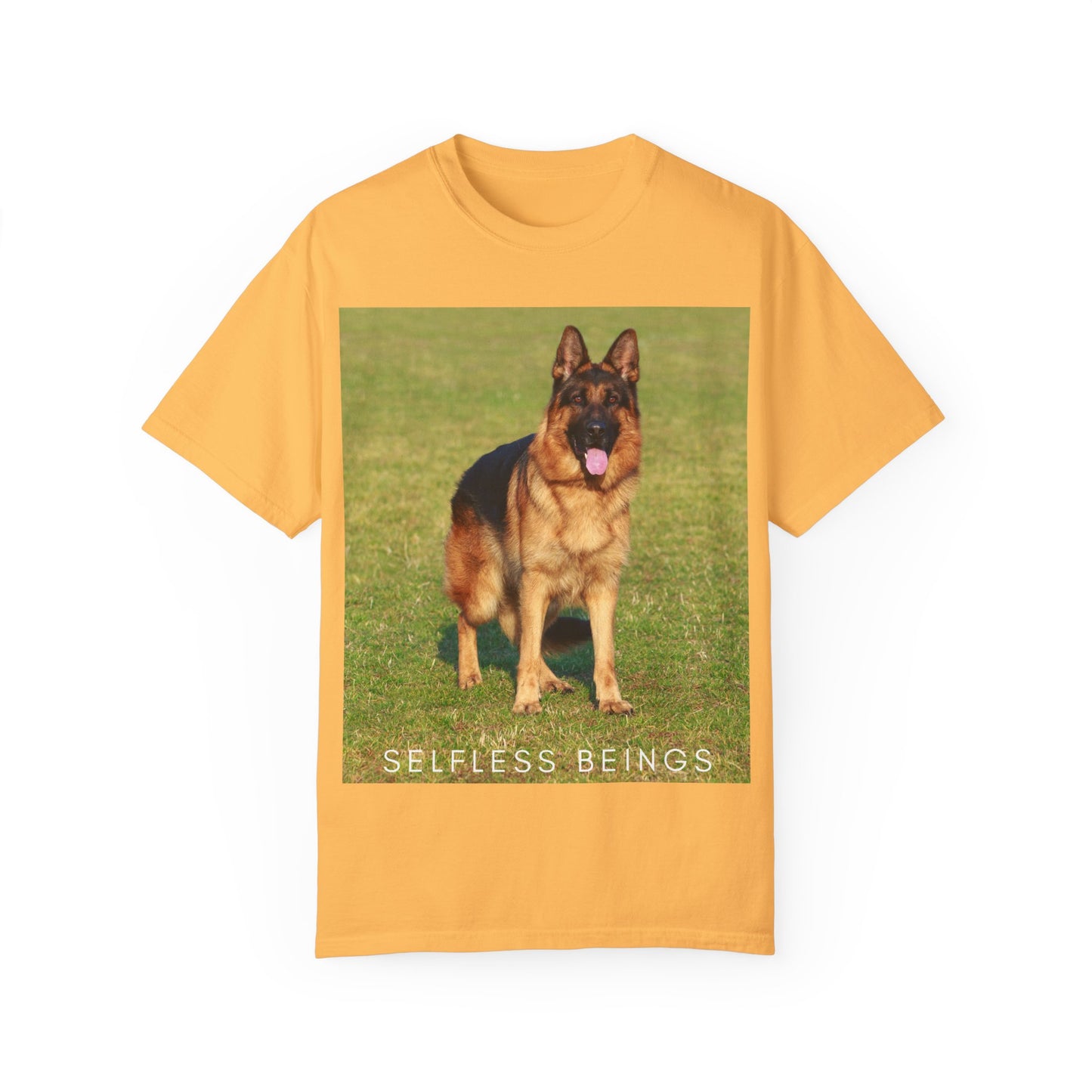Unisex Dog Lover T-shirt With a German Shepherd on the Sports Grass Field and Caption Selfless Beings