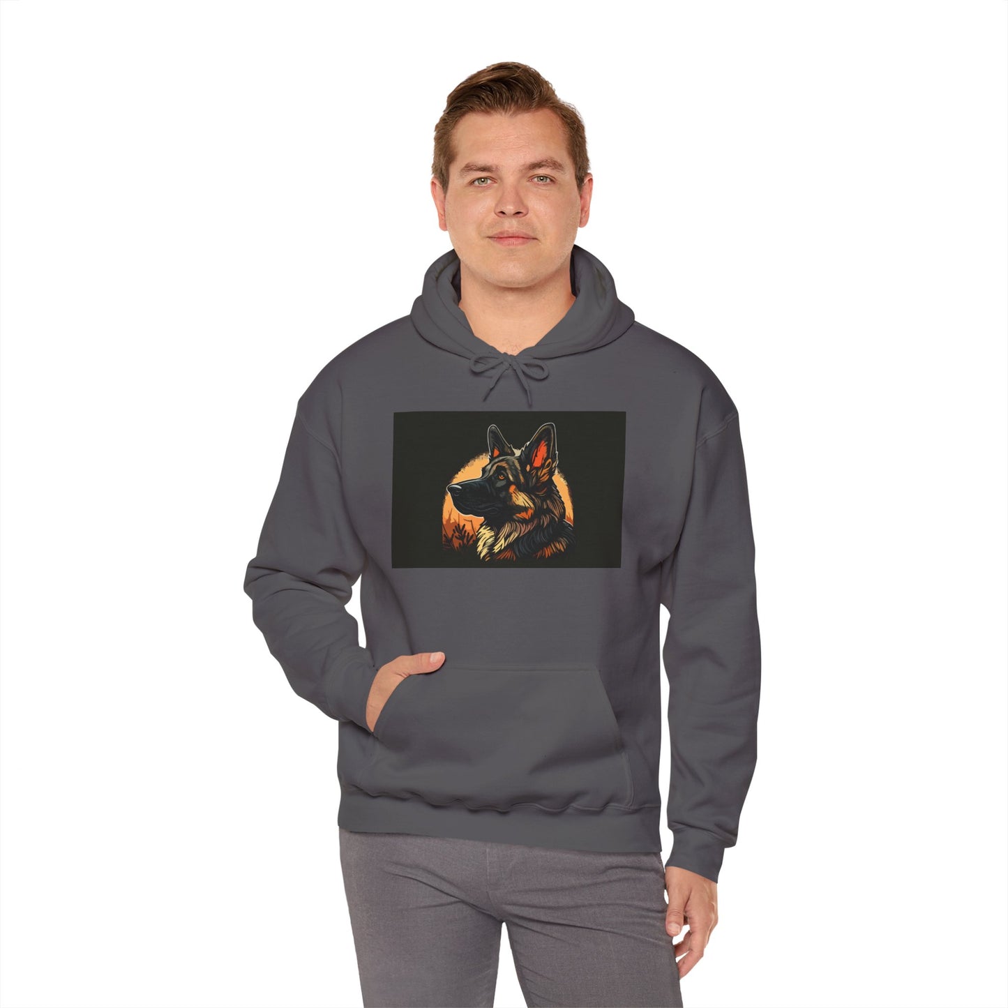 Unisex Dog Lover Hoodie With a Close Up Graphic of a German Shepherd In Front of Moon