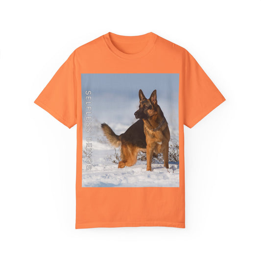 Unisex Dog Lover T-Shirt With a Beautiful German Shepherd Looking at Side Standing on the Snow and Caption Selfless Beings
