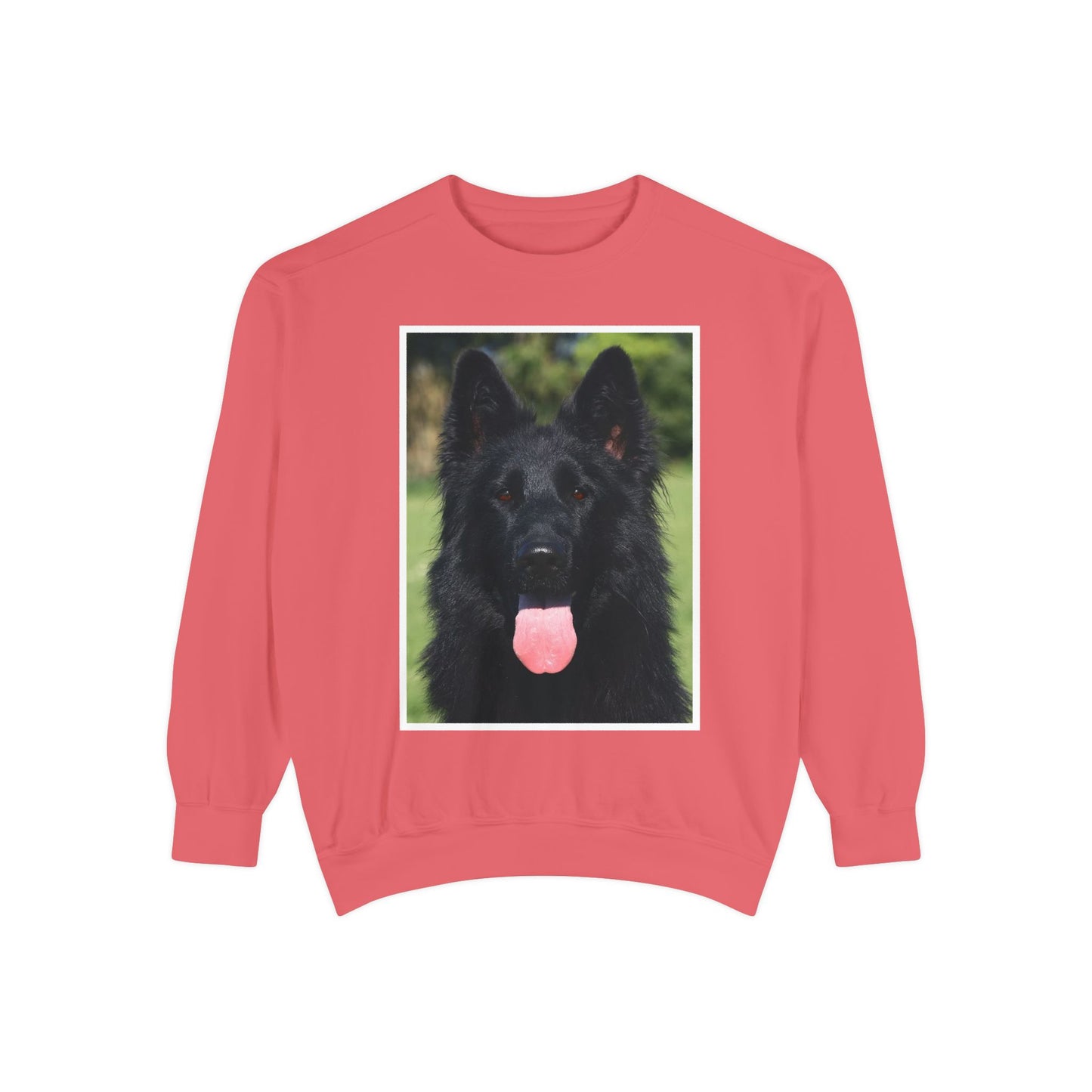 Unisex Dog Lover Sweatshirt With a Close Up of Solid Black German Shepherd Leaving Hanging Tongue
