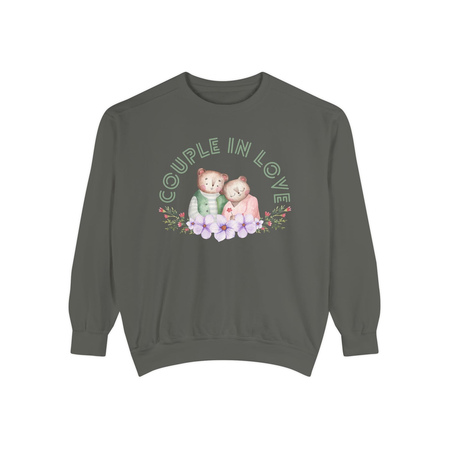 Unisex Valentine's Day Sweatshirt With Two Teddy Bears On Flowers and Caption Couple In Love