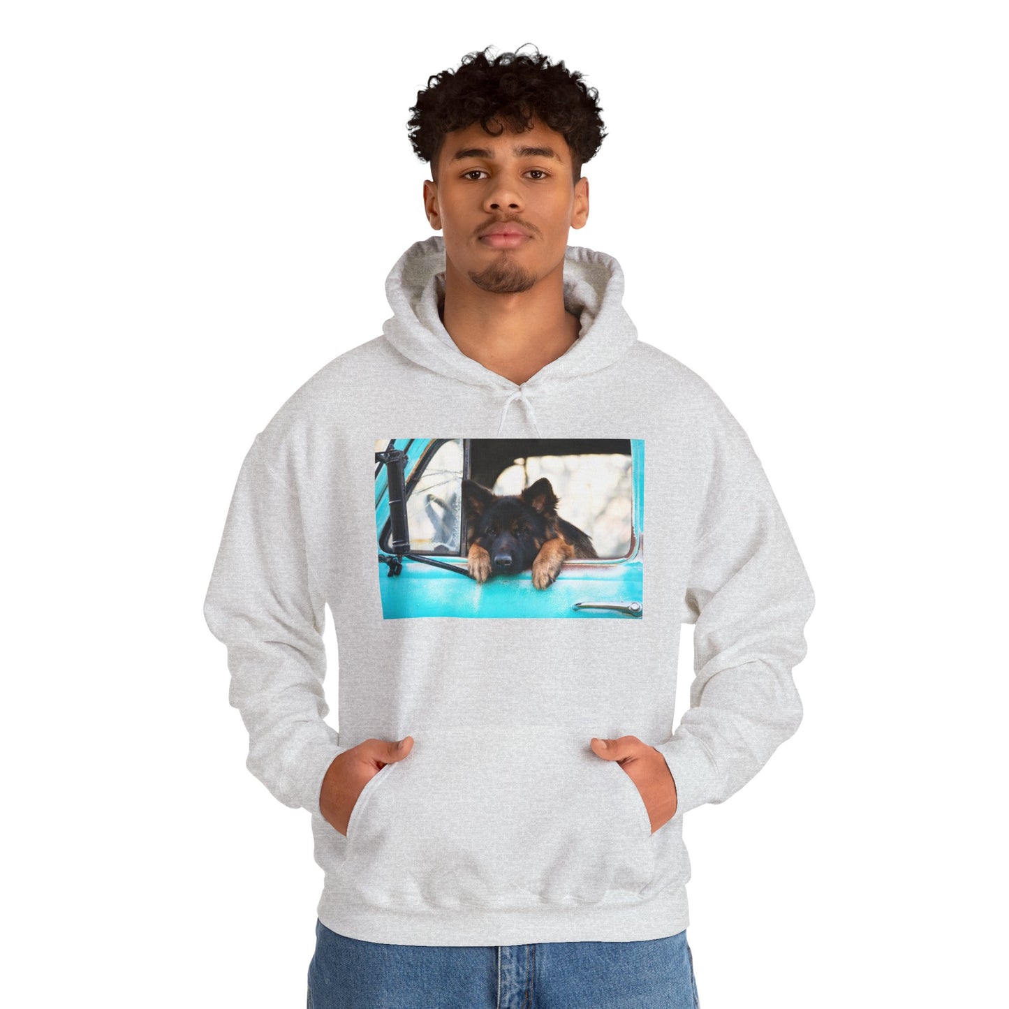 Unisex Dog Lover Hoodie With German Shepherd Puppy Putting His Head and Front Legs On The Truck Seat's Window