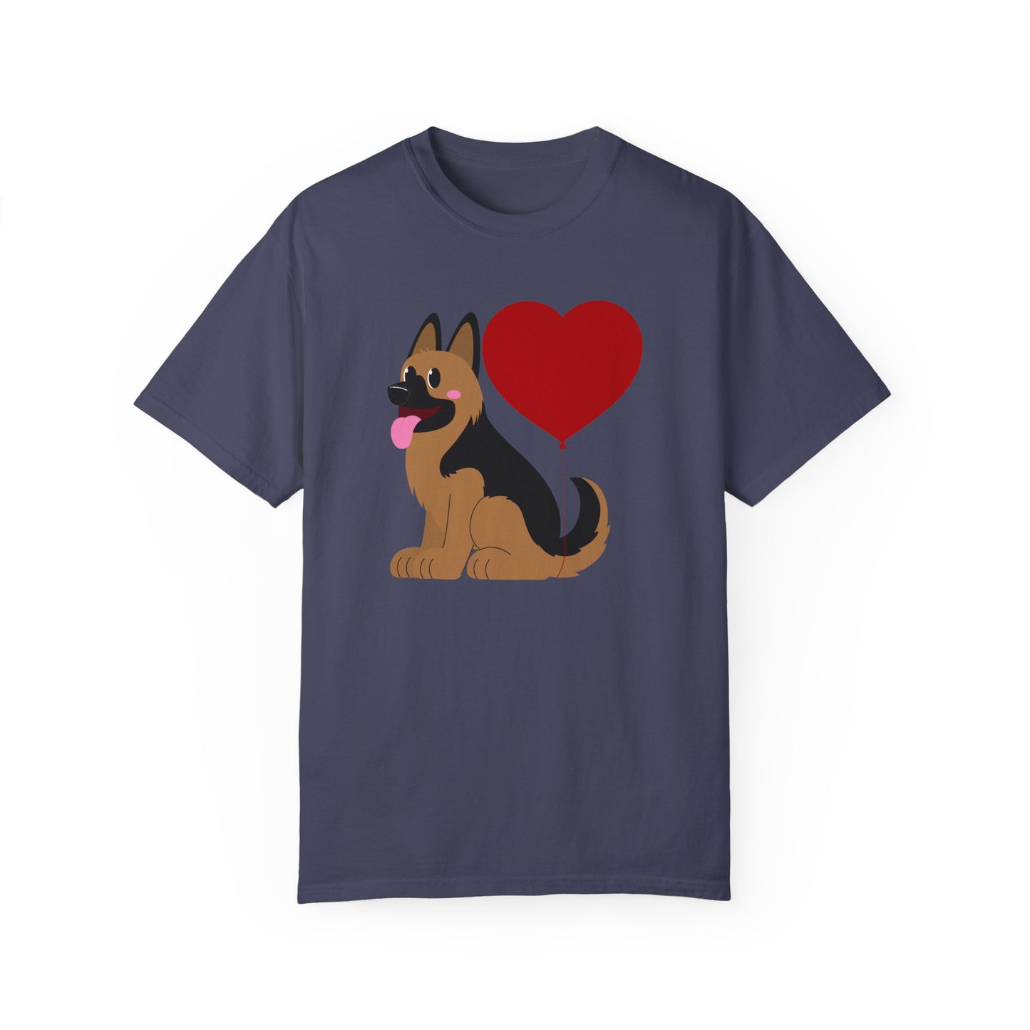 Unisex Dog Lover T-Shirt With a Graphic of German Shepherd Puppy and Heart Shaped Balloon Attached With Tail