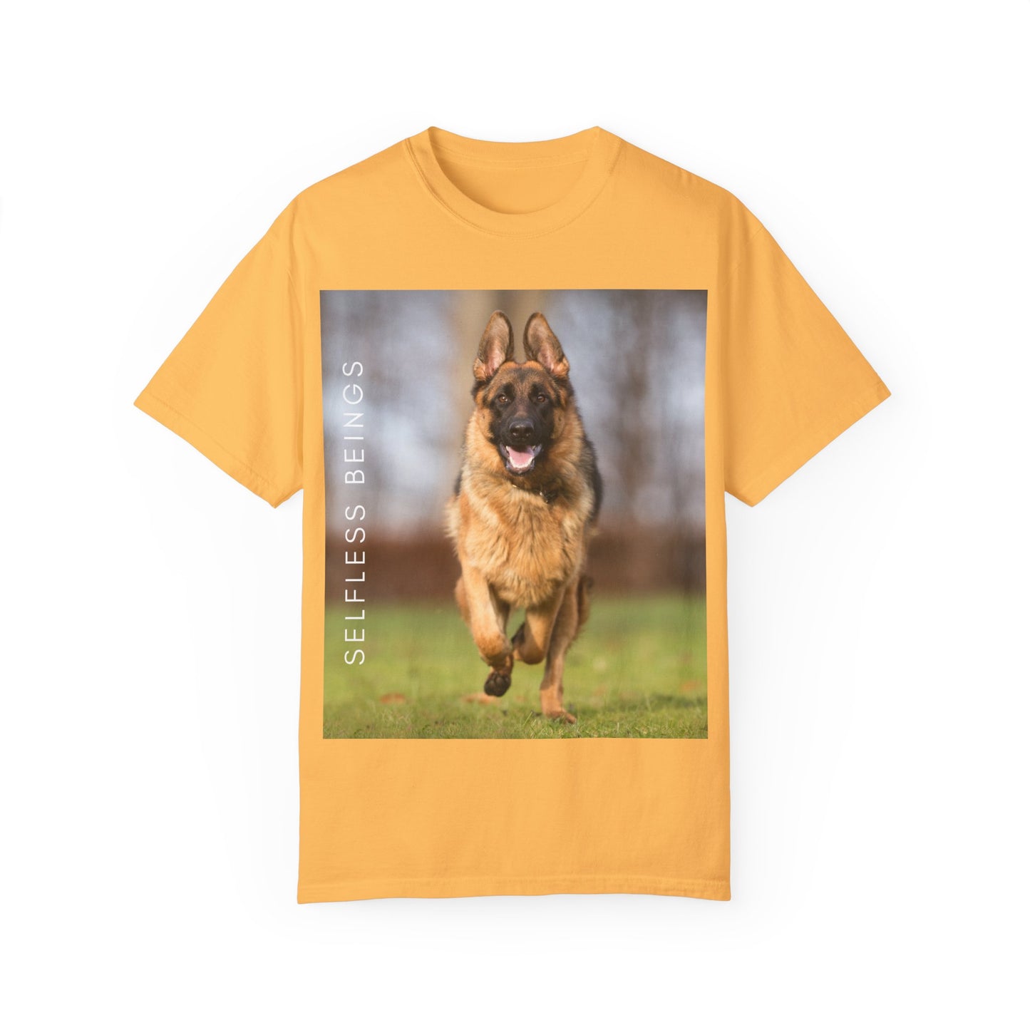 Unisex Dog Lover T-Shirt With Large German Shepherd Running on the Grass and Caption Selfless Beings