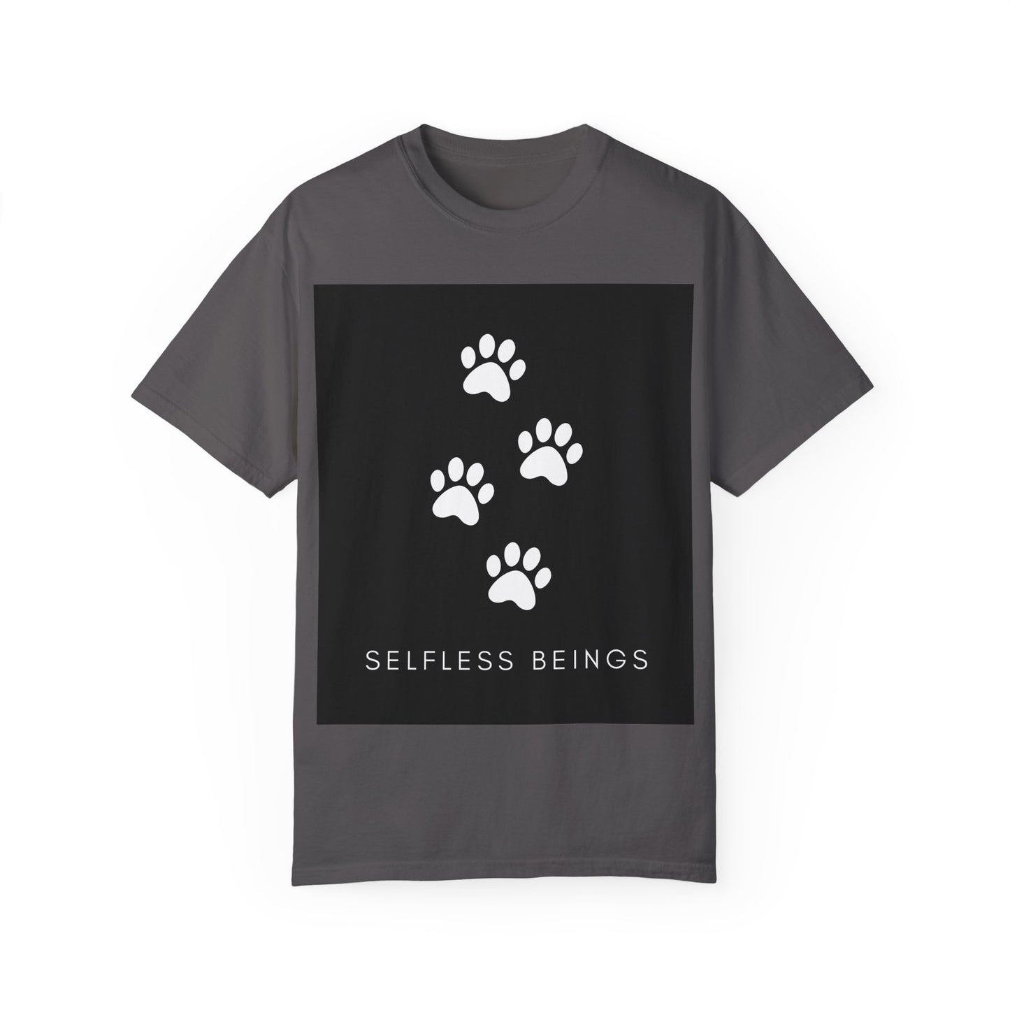Unisex Dog Lover T-Shirt With 4 White Paw Prints and Caption Selfless Beings