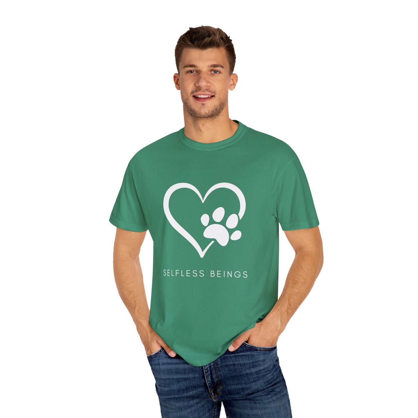 Unisex Dog Lover T-Shirt With Graphic of Heart Whose Right Side Contains Dog Paw's Print and Caption Selfless Beings
