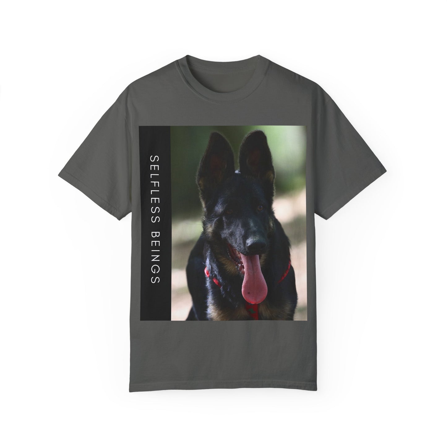 Unisex Dog Lover T-Shirt With Close Up Portrait of Slim German Shepherd Leaving His Tongue Out and Caption Selfless Beings