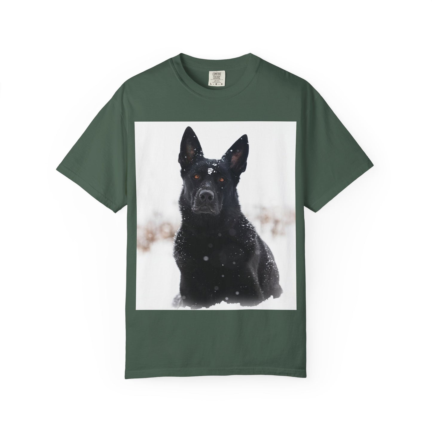 Unisex Dog Lover T-Shirt Featuring a Giant Black Working Line German Shepherd in the Snow