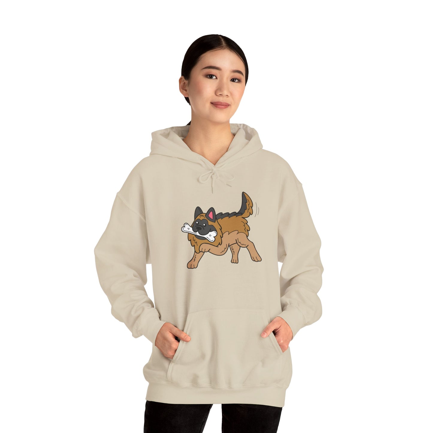 Unisex Dog Lover Hoodie With a Graphic of a German Shepherd Holding a White Bone in Mouth