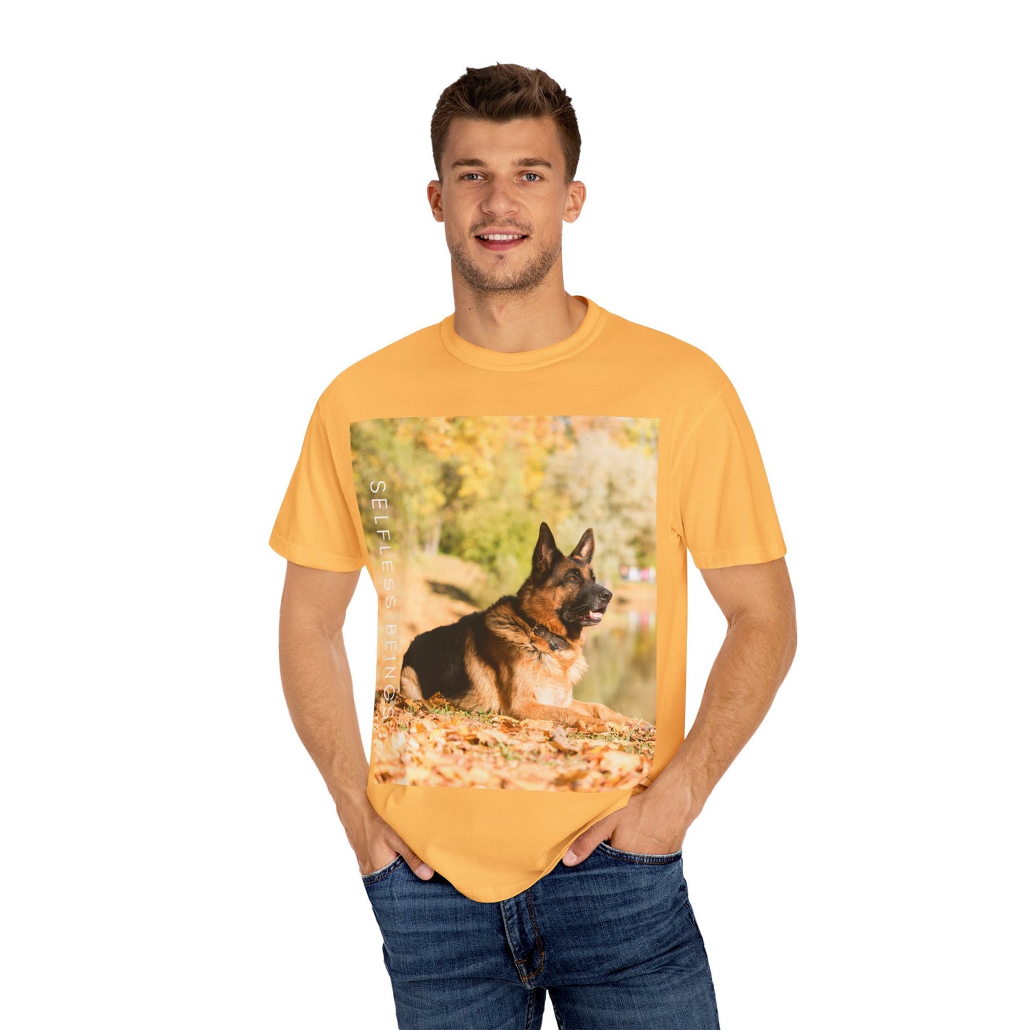 Unisex Dog Lover T-Shirt With a German Shepherd Resting in the Autumn Park on Leaves Near a Pond and Caption Selfless Beings
