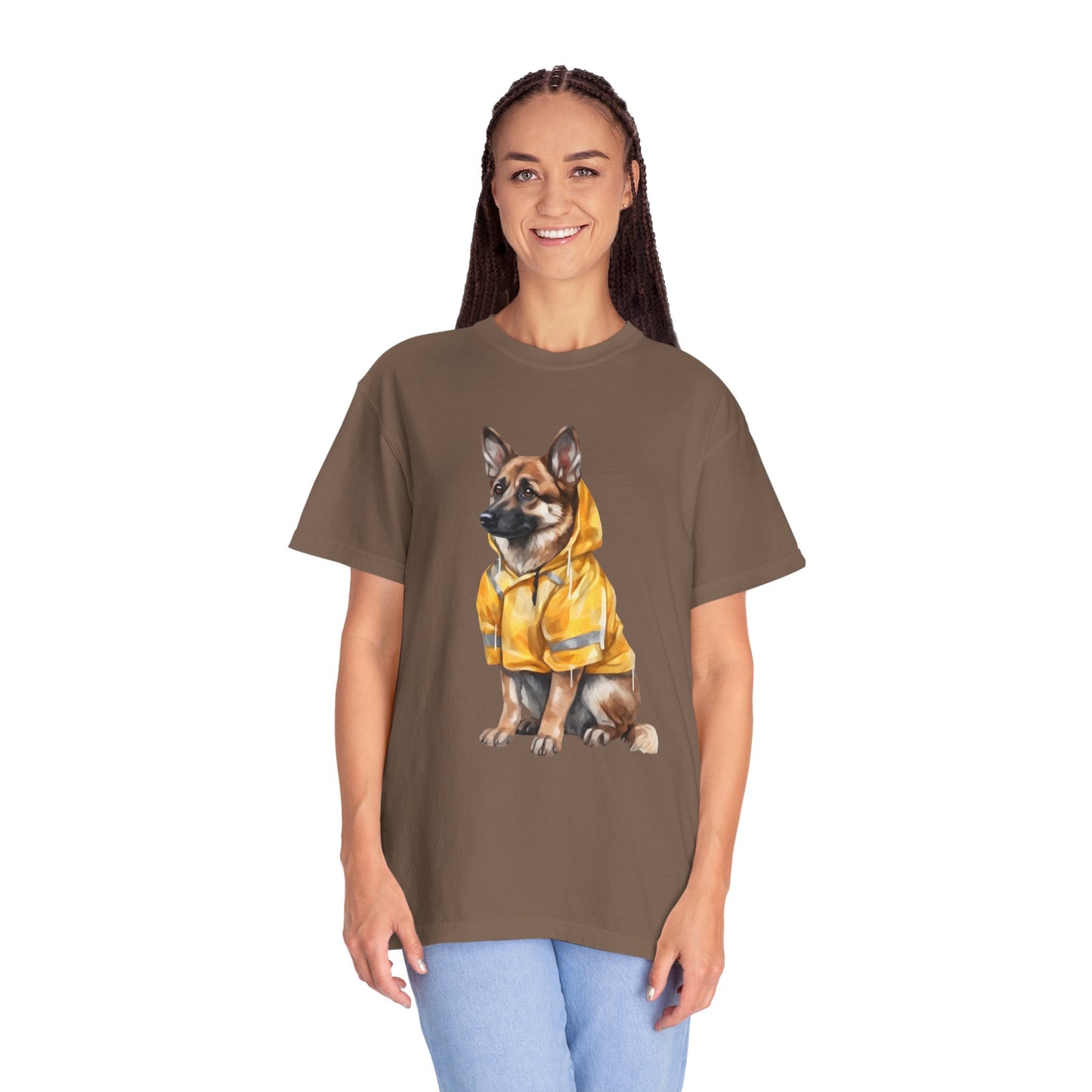 Unisex Dog Lover T-Shirt With a Graphic of German Shepherd Wearing a Yellow Rain Coat