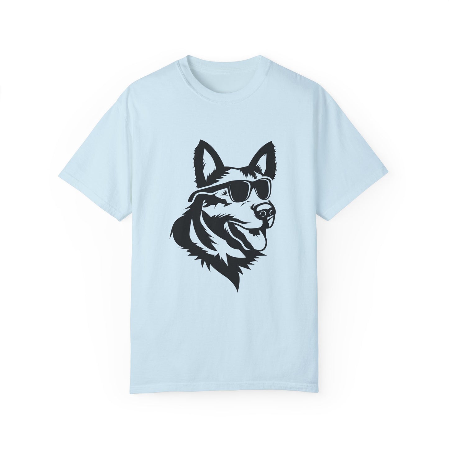Unisex Dog Lover T-Shirt With a Graphic of Close Up Faced German Shepherd Wearing Black Glasses