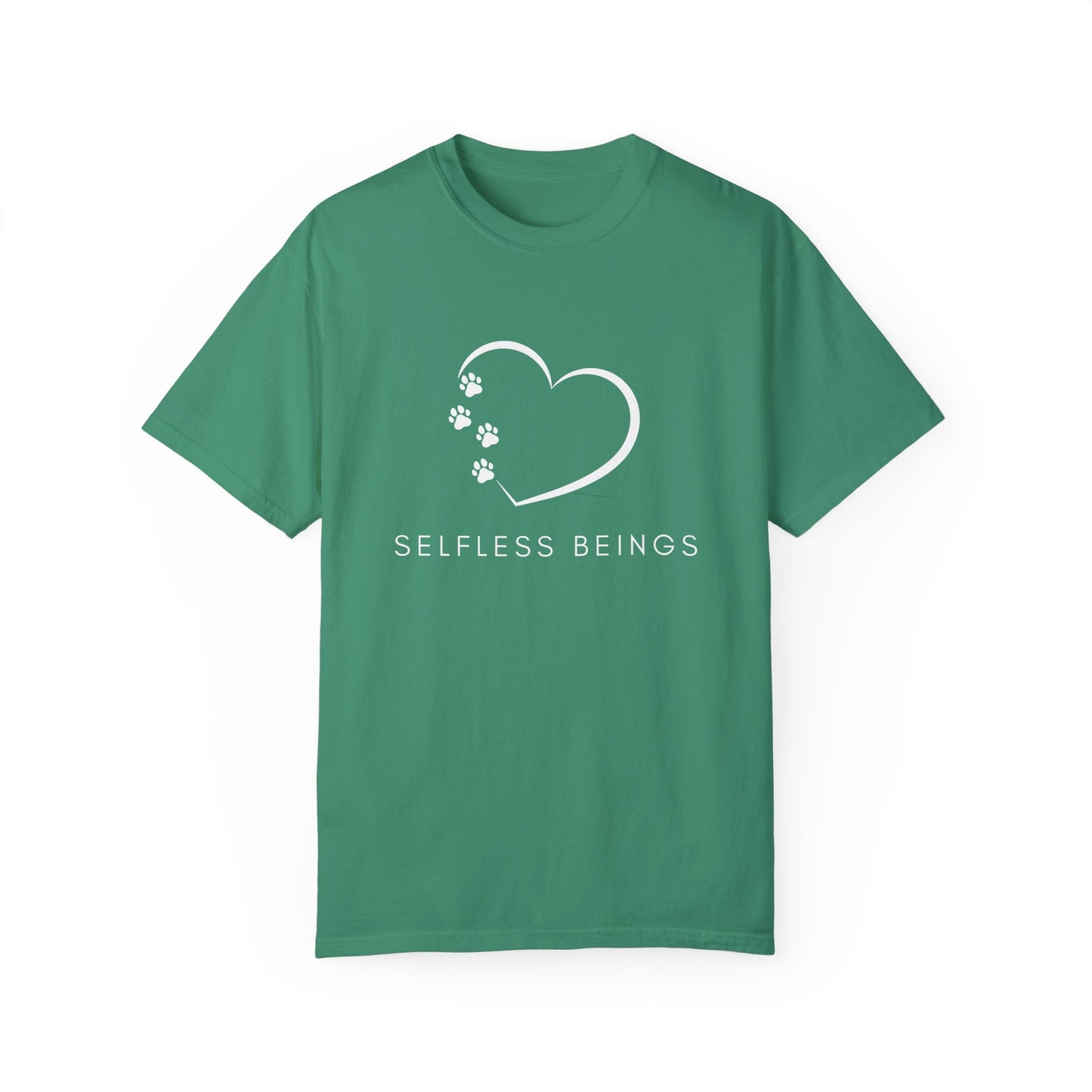 Unisex Dog Lover T-Shirt With White Tilted Heart Whose One Side is Made With Dog Paw Prints and Caption Selfless Beings