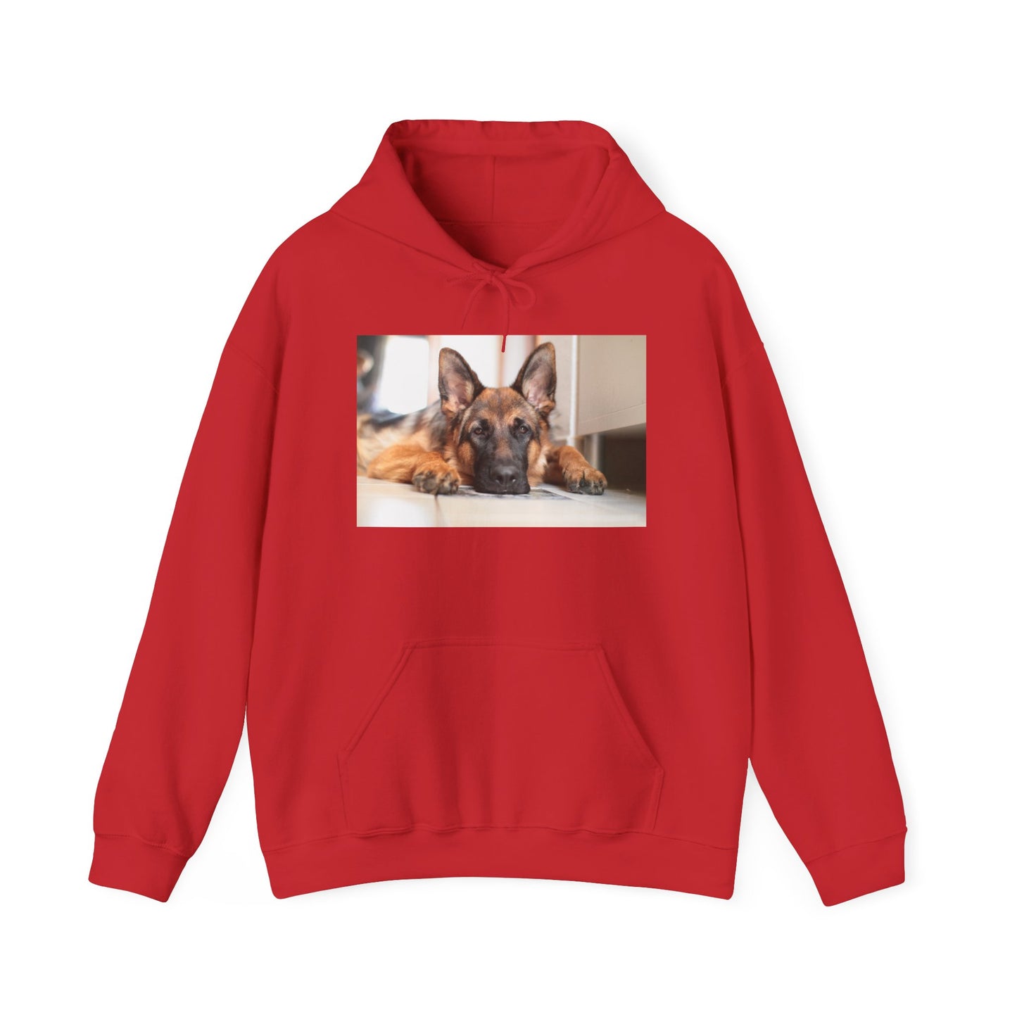 A Unisex Hoodie With a German Shepherd Lying His Head on the Floor