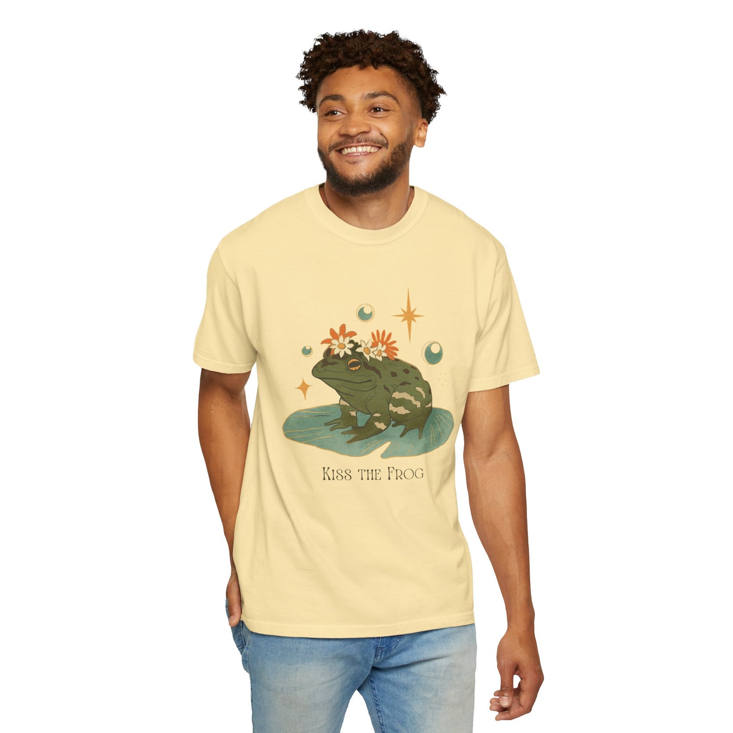 Kiss the Frog T-Shirt, Garment-Dyed Unisex Tee, Fun Gift for Nature Lovers, Cute Frog Graphic T-Shirt, Ideal for Casual Outings