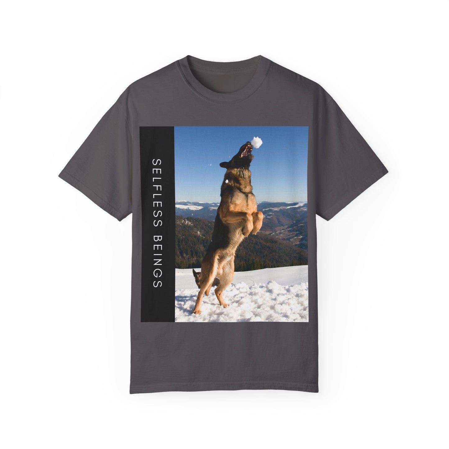 Unisex Dog Lover T-Shirt With a German Shepherd Jumps Upward to Catch a Small Snowball With Mouth and Caption Selfless Beings